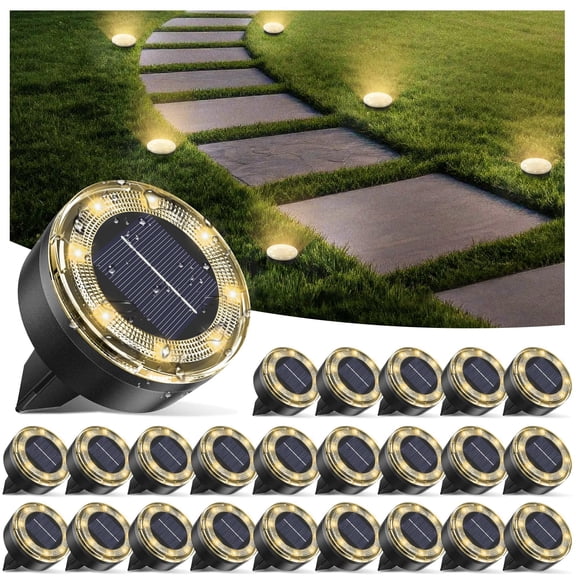 HOVMAP Solar Disc Lights Outdoor 8 LEDs Low Profile No Tripping IP65 Rust Free Plastic 24 Pack for Walkway Borders Driveway Edges Garden Beds, 24Pc Warm light