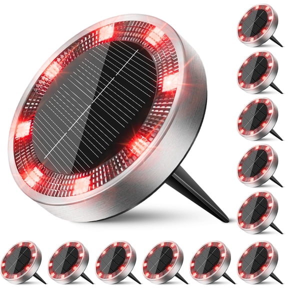 HOVMAP Solar Ground Lights IP68 Waterproof 8 LEDs 400mAh Battery 304 Stainless Steel Auto On Off 12 Pack for Pathway Walkway Garden, 12Pc Red light
