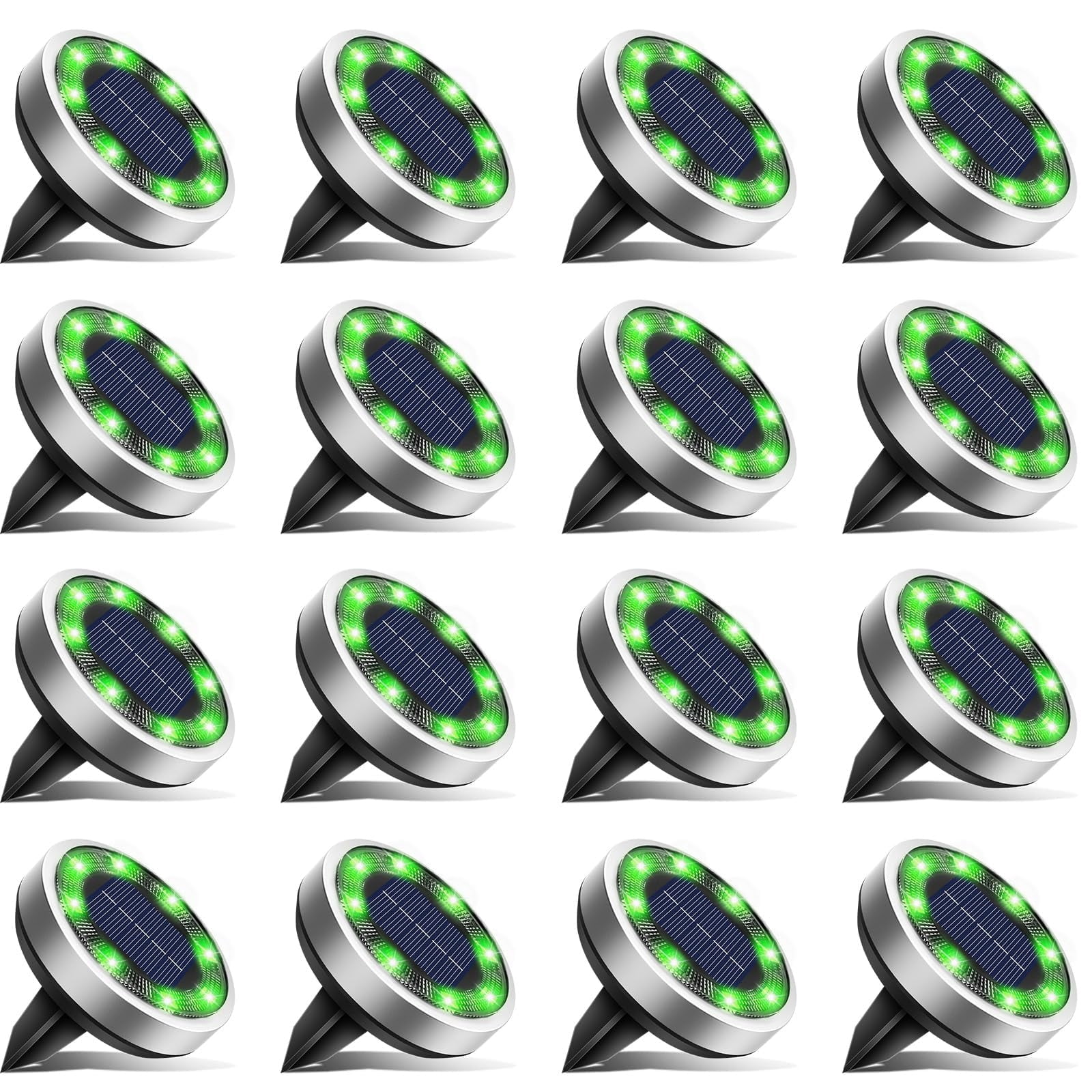 HOVMAP Solar Ground Lights Outdoor In Ground 8 LEDs 600mAh Battery Auto On Off Waterproof Stainless Steel 16 Pack for Pathway Walkway, 16Pc Green light