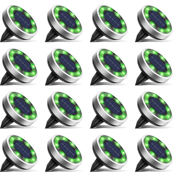 HOVMAP Solar Ground Lights Outdoor In Ground 8 LEDs 600mAh Battery Auto On Off Waterproof Stainless Steel 16 Pack for Pathway Walkway, 16Pc Green light