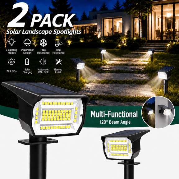 HOVMAP Solar Lights Outdoor 72 LEDs Solar Spot Lights 1500mAh Battery 3 Modes IP67 Waterproof ABS 6 Pack for Garden Yard Pathway, 2Pc White light