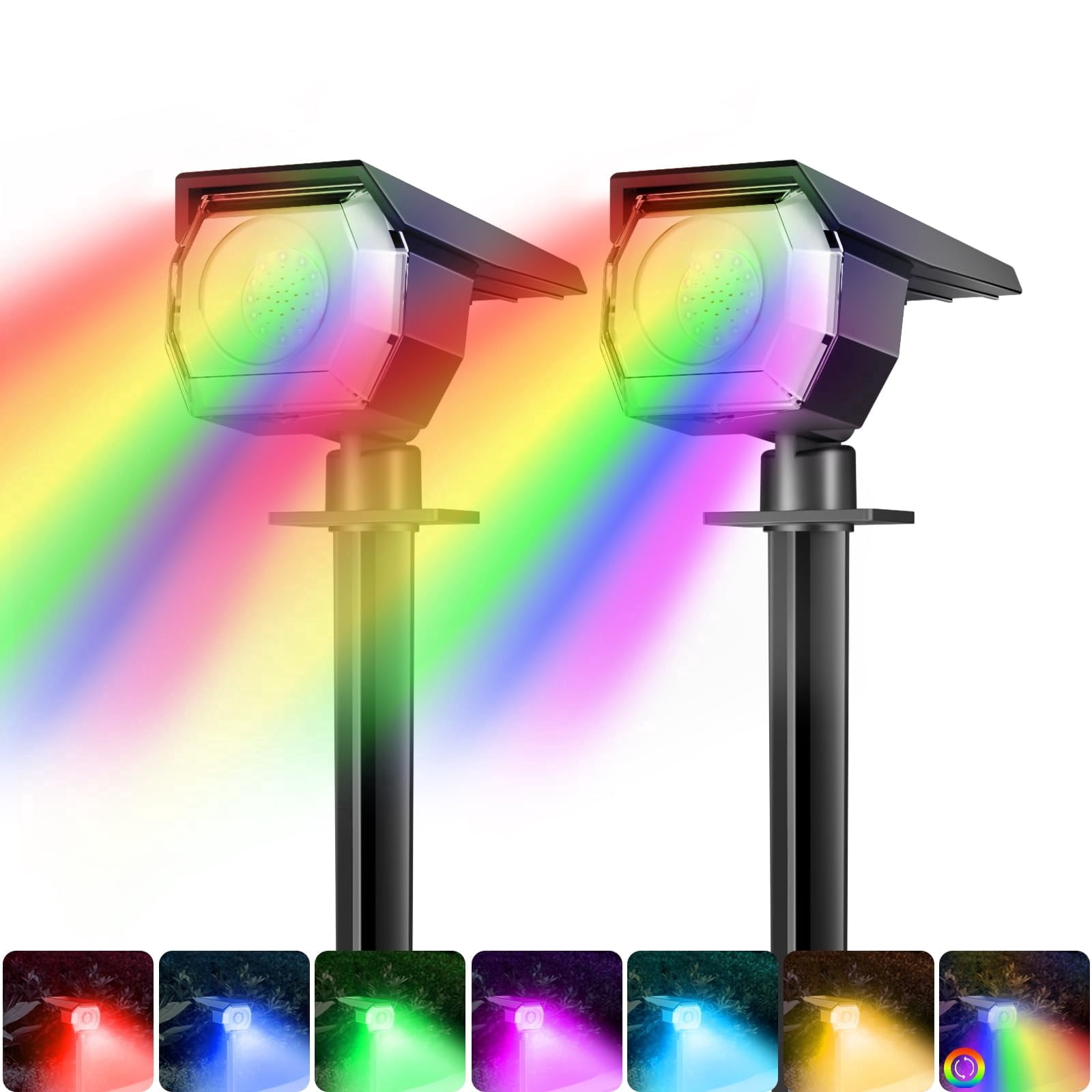 HOVMAP Solar Lights Outdoor COB LED Solar Spot Lights 1500mAh Battery 3 Modes IP65 Waterproof ABS 2 Pack for Garden Yard Pathway, 2Pc RGB light
