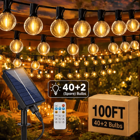 HOVMAP Solar Outdoor String Lights,G40 100 FT Waterproof Patio Lights with Remote,42 Shatterproof Bulbs,8 Lighting Modes, for Yard Outside Backyard Garden Porch Decor