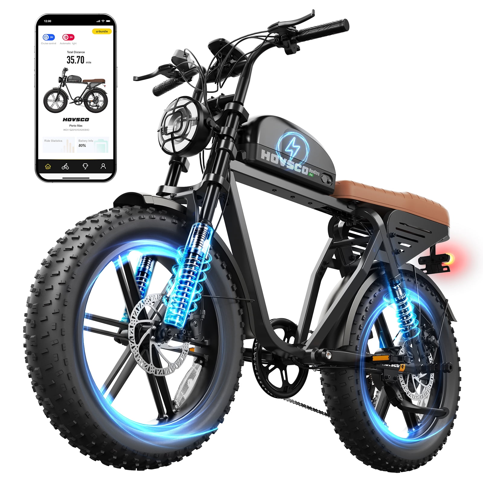 HOVSCO Electric Bike for Adults, 750W Motor, 48V 25AH 7-Speed E-Bike, 20'' Fat Tire E-Mountain Bike, Full Suspension UL2849