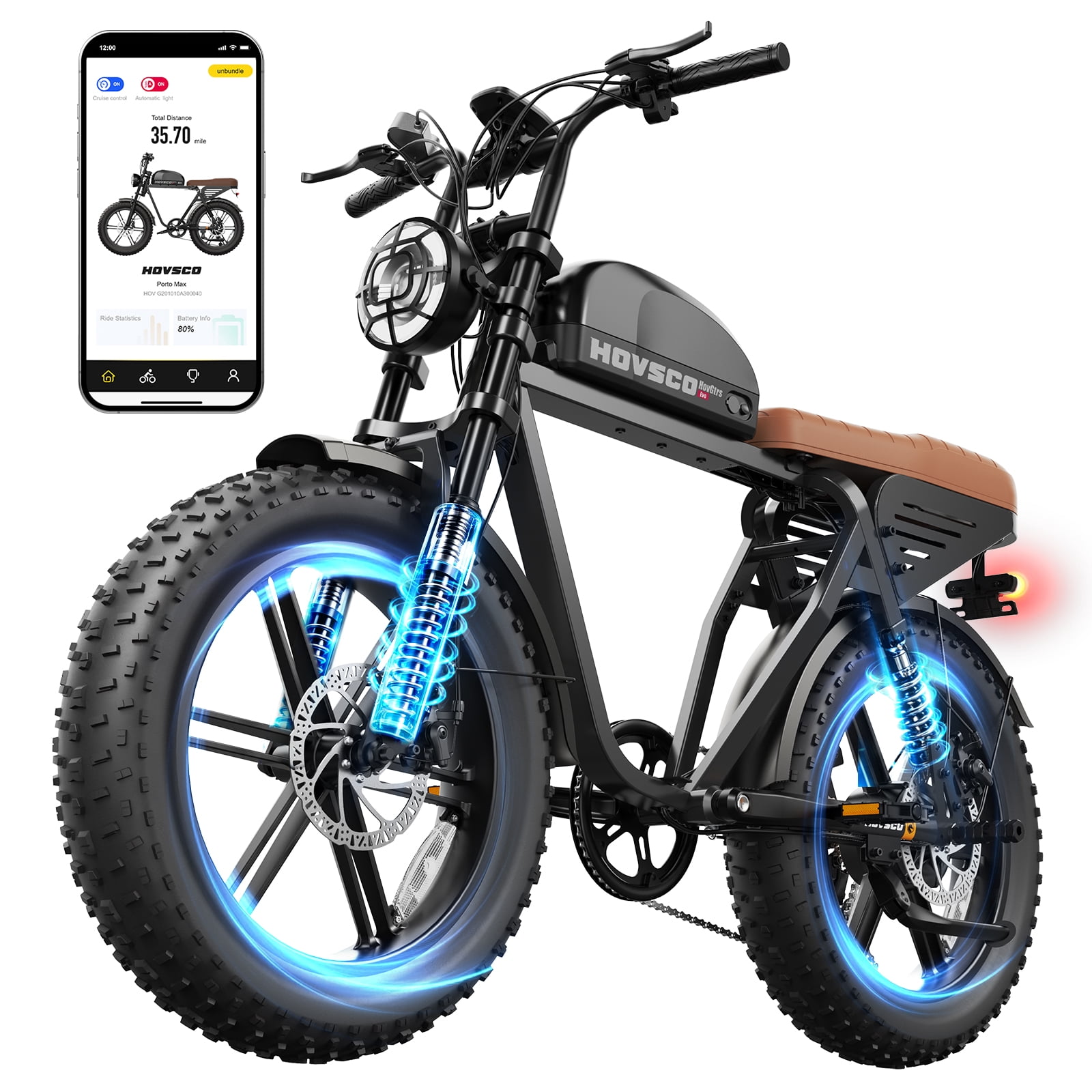 HOVSCO Electric Bike for Adults, 750W Motor, 60 Miles Range, 20'' Fat Tire E-Mountain Bike, 7-Speed E-Bike with Full Suspension UL2849