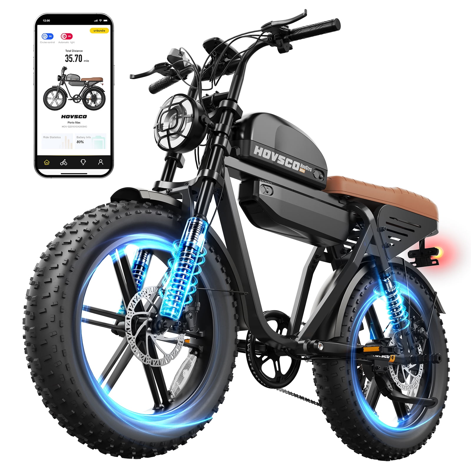 HOVSCO Electric Bike for Adults, 750W Motor, 48V/15AH+25AH Dual Batteries, 20'' Fat Tire E-Mountain Bike, 7-Speed E-Bike Full Suspension UL2849