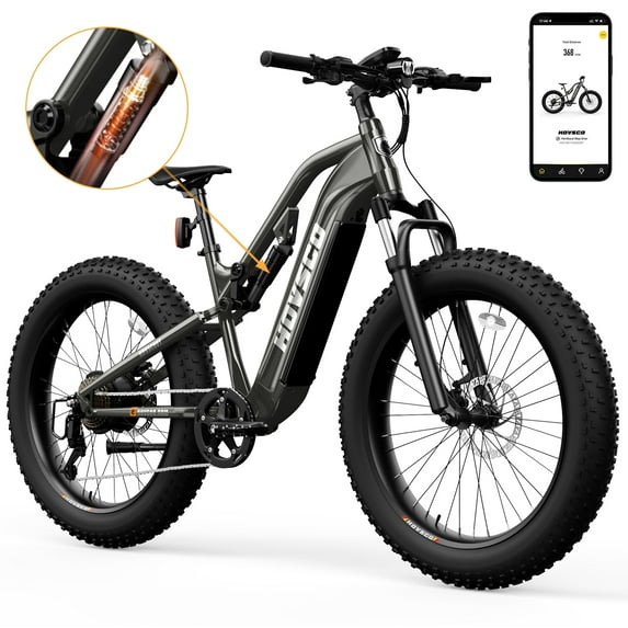 HOVSCO HovScout Electric Bike, 750W 26" Full Suspension Fat Tire Ebike for Adults, 28mph Top Speed, Iron Gray