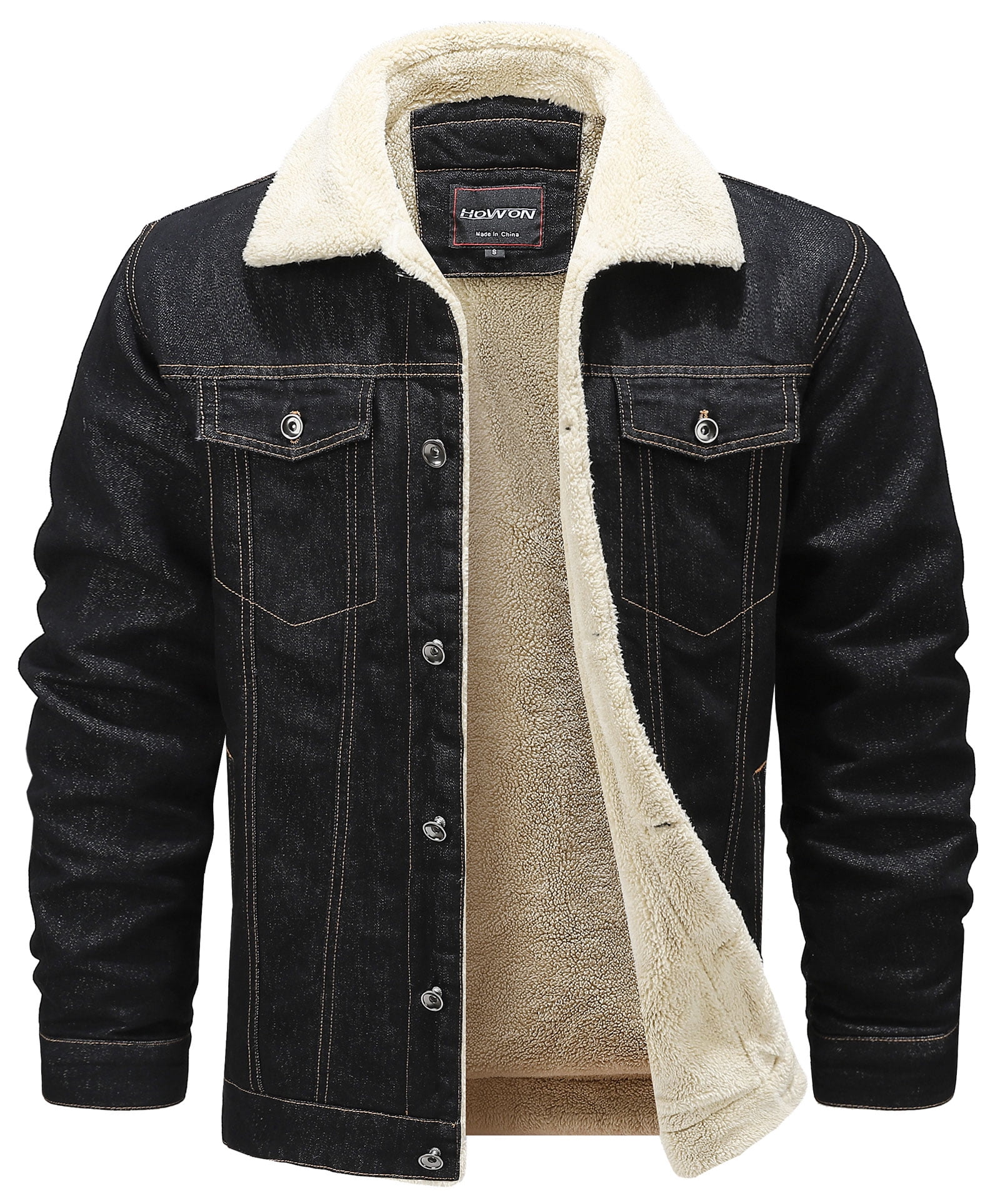 HOW'ON Men's Thicken Warm Sherpa Lined Denim Jacket Casual Button Jean ...