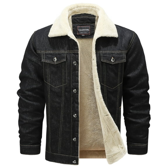 HOW'ON Men's Thicken Warm Sherpa Lined Denim Jacket Casual Button Jean Trucker Jackets Coat Black M