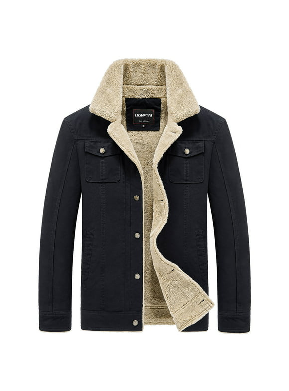 HOW'ON Men's Warm Utility Sherpa Lined Jacket Outwear Casual Multi Pockets Cargo Jackets Coat Parka Black L