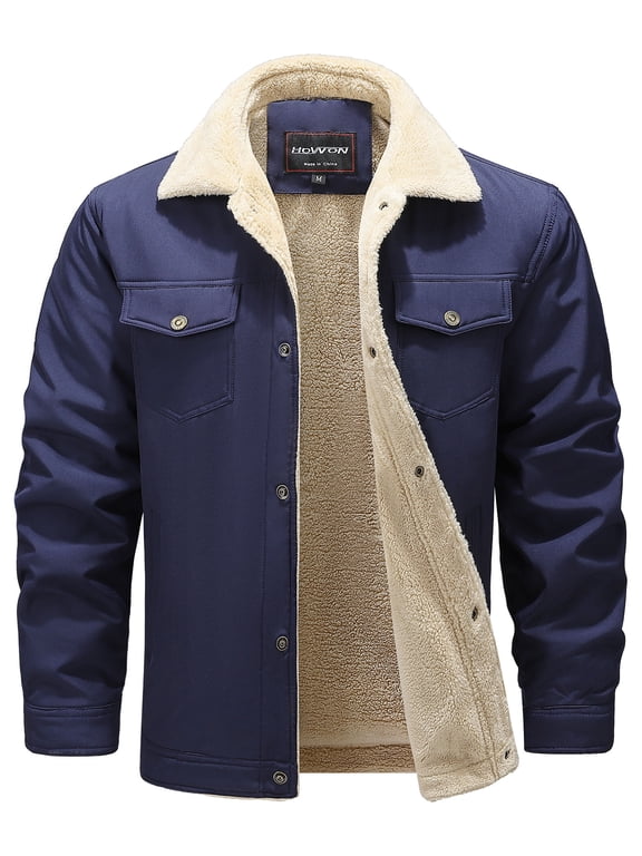 Men's Winter Casual Sherpa Lined Jacket Multi Pockets Quilted Warm Coat Dark Blue L
