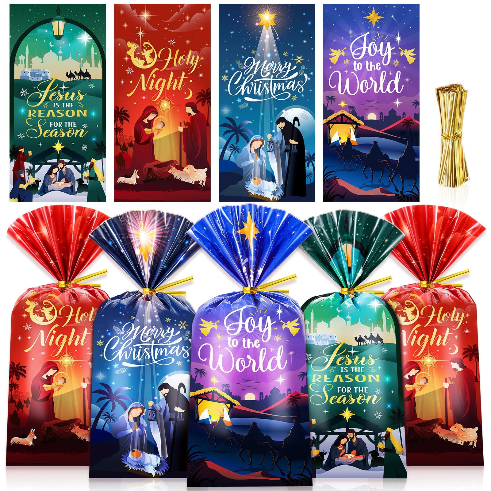 Whaline 72-Pack Christmas Party Favor Bags - Nativity Scene Design, Plastic Goodie/Candy Bags 6.5x9.8 Inches