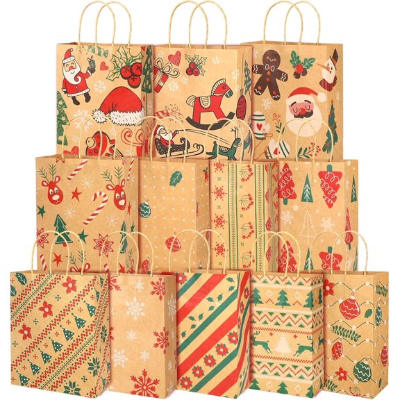 HOWAF 12 Pack Christmas Kraft Gift Bags with Handle, Christmas Gift Bags for Present, Xmas Gift Bags Treat Candy Bags for Christmas Party Favors Supplies Decoration