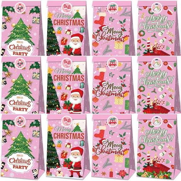 VETPW 12 Pack Pink Christmas Gift Bags,Christmas Paper Bags with Stickers,Xmas Goodie Bag Party Supplies for Merry Christmas Holiday Party Candy Treat Snack Cookie Presents Wrapping