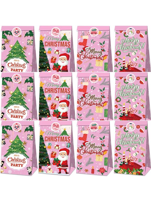 VETPW 12 Pack Pink Christmas Gift Bags,Christmas Paper Bags with Stickers,Xmas Goodie Bag Party Supplies for Merry Christmas Holiday Party Candy Treat Snack Cookie Presents Wrapping