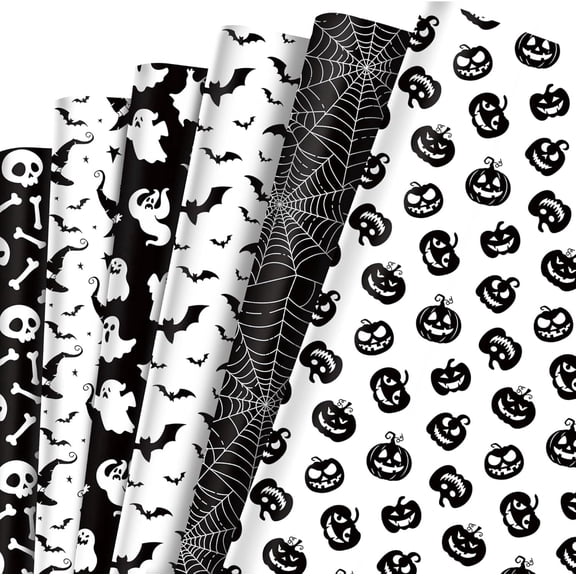 HOWAF 12 Sheet Halloween Wrapping Paper Black White Pumpkin Ghost Spider Web Pattern Folded Flat Gift Wrap Paper 4 Design Art Paper for Halloween Party DIY Craft Gift Packing, 19.7 x 27.6 Inch