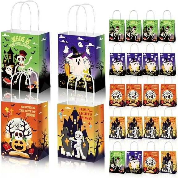 HOWAF 12 Pack Halloween Treat Bags with Handles,Assorted Designs (Pumpkin, Ghost, Skeleton) Halloween Paper Goodie Bags for Candy, Trick or Treat Party Favors(6.3x3x8.3 In)