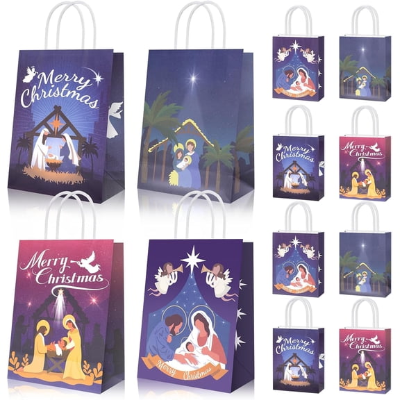 VETPW 12pcs Christmas Nativity Gift Bags with Handle, Holy Night Christmas Decorations Supplies Tote Bag for Xmas Celebration Party, Scene Religious Paper Bags, Size 6.2 x 3.14 x 8.2 Inches