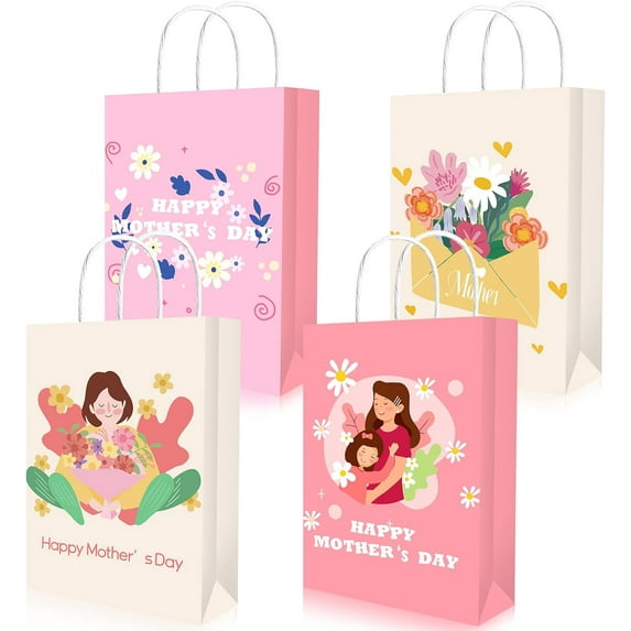 HOWAF 12pcs Mother's Day Gift Bags,Best Mom Floral Paper Gifts Bags with Handle,Mom's Day Party Supplies Reusable Treat Bags, Mom's Days Themed Kraft Bags, 6.2x3.14x8.2inches