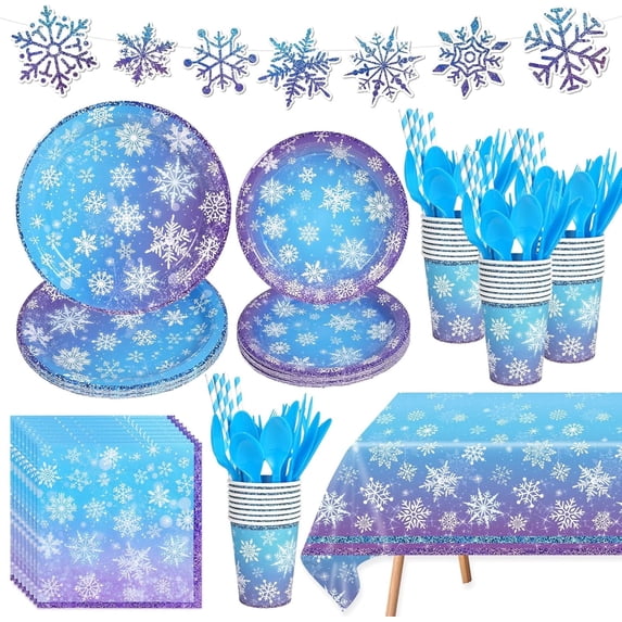 VETPW 130pcs Christmas Winter Snowflake Disposable Tableware Winter Wonderland Tablecloth Napkins Plates Cups Knives Forks Spoons Banner for Xmas Winter Birthday Party Decorations Serve for 16