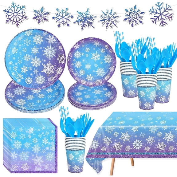 VETPW 130pcs Christmas Winter Snowflake Disposable Tableware Winter Wonderland Tablecloth Napkins Plates Cups Knives Forks Spoons Banner for Xmas Winter Birthday Party Decorations Serve for 16