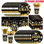 HOWAF 169pcs Graduation Decorations 2026, Congrats Grad 2026 Plates Disposable Dinnerware Graduation Set Napkins Plates Tablecloth Cups Cutlery for Congrats Grad Party Supplies Serve 24 Black Gold