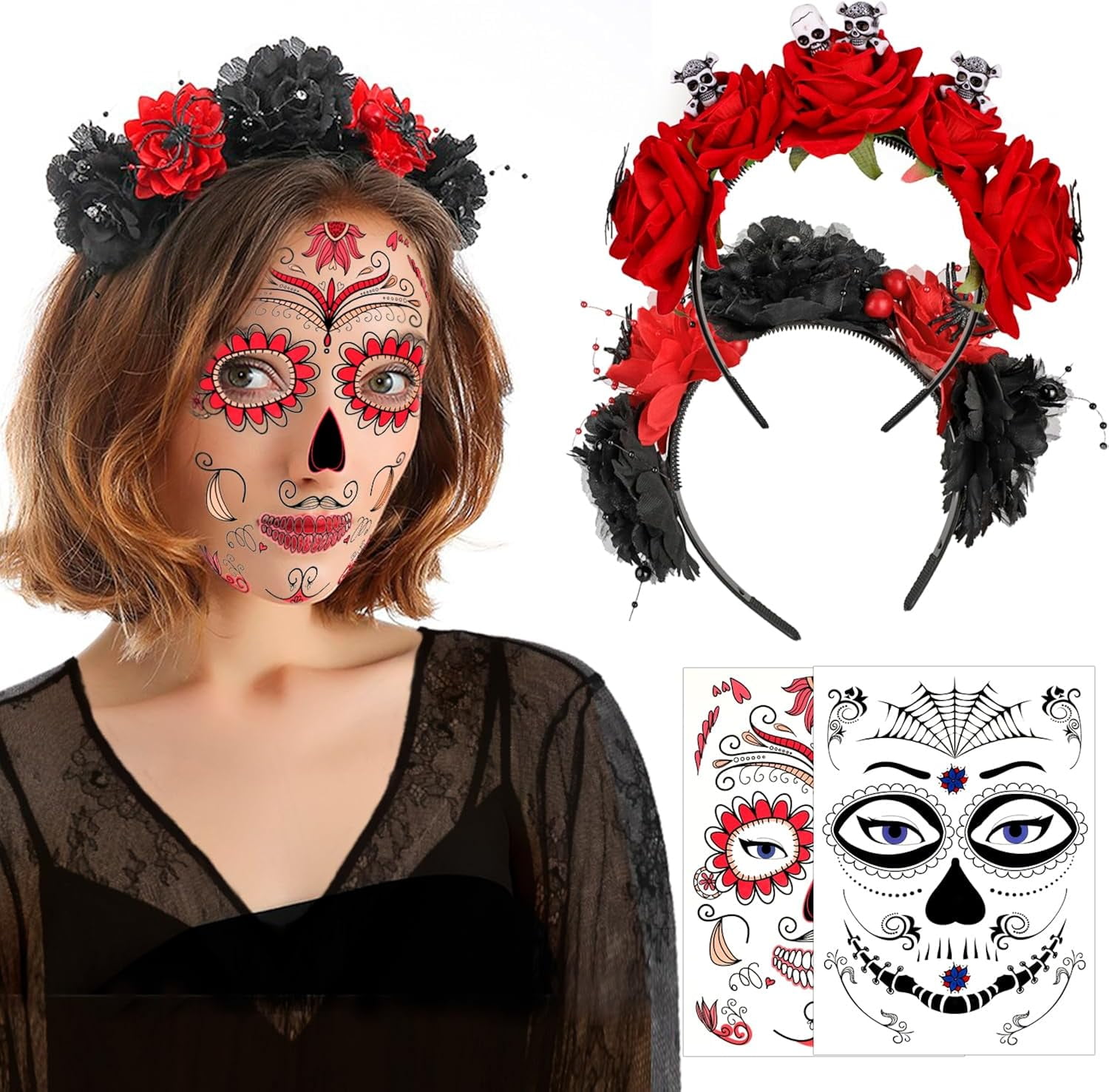Day Of The Dead Headband Red Flowers with Black Veil and Printed Sugar Skull Detail main image 1