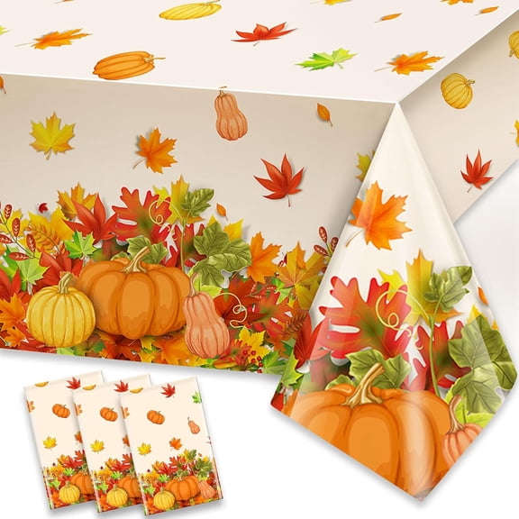 VETPW 3 Pack Fall Thanksgiving Tablecloth, Happy Thanksgiving Pumpkin Maple Leaves Rectangle Disposable Waterproof Plastic Table Cover for Hello Fall Autumn Harvest Decoration Supplies, 54”x108”