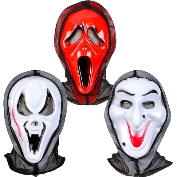 HOWAF 3 Scream Masks for Adults, Halloween Scary Masks, Skull Cosplay Mask Anonymous Mask, Halloween Dress Party Masquerade Scary Mask Bar Mask for Men Women, 2 White 1 Red