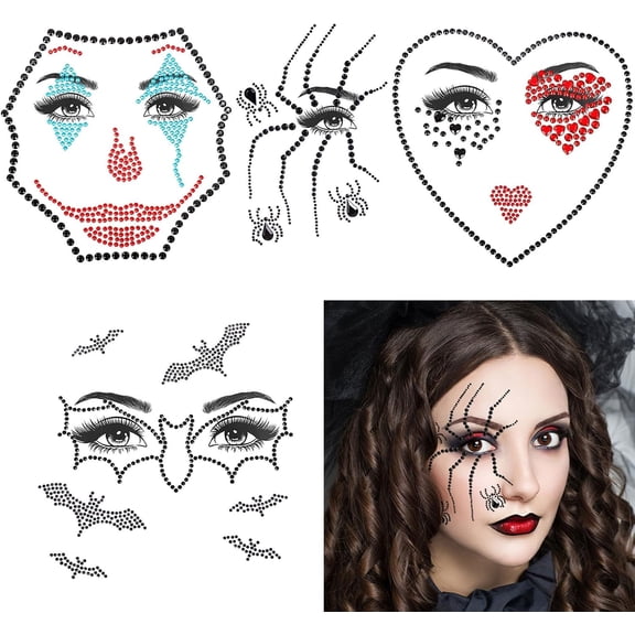 HOWAF 4 Halloween Face Gems Glitter Halloween Tattoos, Face Jewels Crystal Rhinestone Temporary Tattoos Spider Bat Halloween Face Tattoo Self Adhesive Face Gems Halloween Costumes for Women Girls