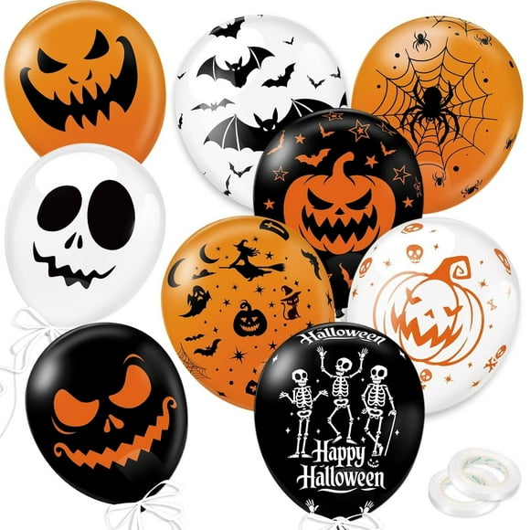 HOWAF 54pcs Halloween Party Balloons, Pumpkin Ghost Spider Web Skull Latex Balloons for Halloween Decorations Horror Party Supplies, 9 Style Double-Sided Printing Balloon Black Orange White
