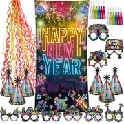 HOWAF 58pcs Neon 2026 New Party Kits Decorations, Backdrop Banner Happy New Year Hats Glasses Fringed Noise Makers Streamers Ribbons for 2026 New Year's Eve Favor Accessories Neon Colorful