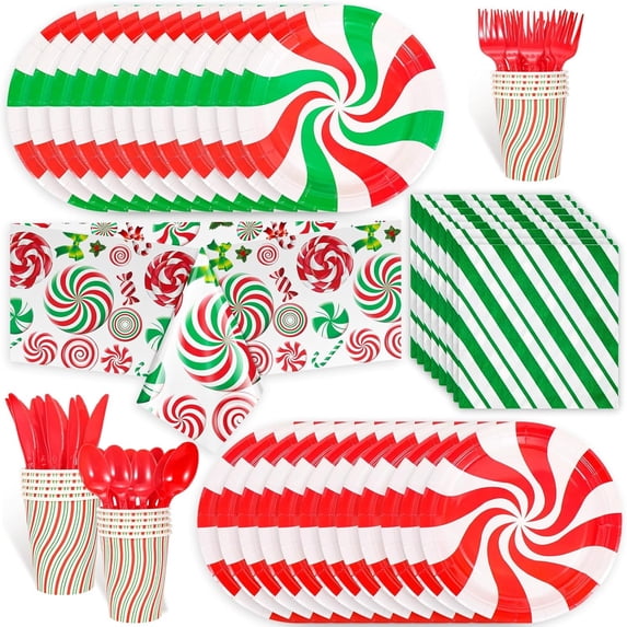 HOWAF 97pcs Christmas Candy Cane Party Supplies Tableware Set, Christmas Candy Disposable Dinnerware for 12 Guest-1 Candy Cane Table Cover 12 Candy Cane Plates Cups Knife Fork Spoon Napkins