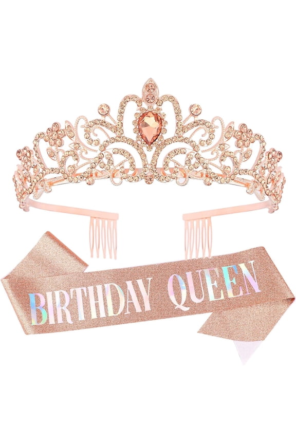 HOWAF Birthday Tiara for Women, Tiara for Women AB Rhinestone, Happy Birthday Queen Tiara for Women Birthday Crown Sash 2 Pack, Rose Gold