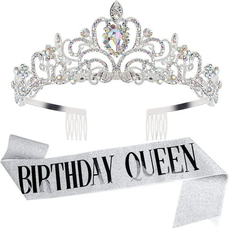 HOWAF Birthday Tiara for Women, Tiara for Women AB Rhinestone, Happy Birthday Queen Tiara for Women Birthday Crown Sash 2 Pack, Silver