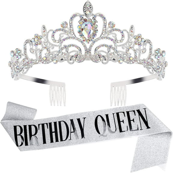 HOWAF Birthday Tiara for Women, Tiara for Women AB Rhinestone, Happy Birthday Queen Tiara for Women Birthday Crown Sash 2 Pack, Silver