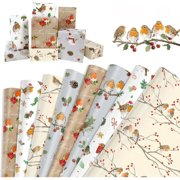 HOWAF 8 Sheets Christmas Wrapping Paper Sheets Robin Gifts Xmas Wrapping Paper for Birthday Winter Festival, Recyclable Christmas Art Craft Papers, DIY Xmas Robin Gift Wrap Supplies, 27.6x19.7 inch