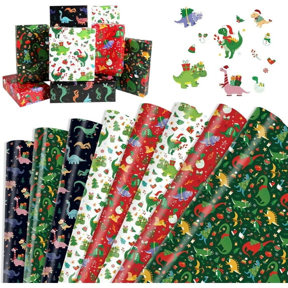 HOWAF Christmas Wrapping Paper Sheets, 8pcs DIY Recyclable Christmas Dino Gifts Wrapping Paper Xmas Parcel Papers, Xmas Gift Wrap Supplies Birthday Festival Party Favours Dinosaur, 27.6x19.7inch