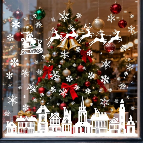 VETPW Christmas House Window Stickers, Xmas Window Clings, Santa Snow Flakes Decals for Christmas Window Decorations, 9pcs/set Xmas Christmas Decoration Supplies, C Style