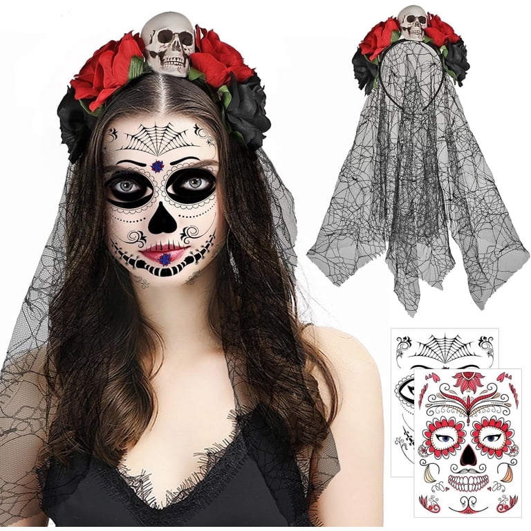 Day Of The Dead Halloween Floral Skull Headband Veil & Stockings Costume Set Amazon.com: Suhine Day of the Dead Women Costume Set Include  main image 4
