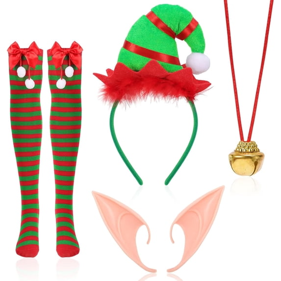 VETPW Elf Costume, Christmas Elf Hat Christmas Headband Christmas Hairband Elf Ears Fairy Ears Elf Ear Stripe Elf Stockings Elf Tights Christmas Stocking Bell Necklace for Women Christmas Costume