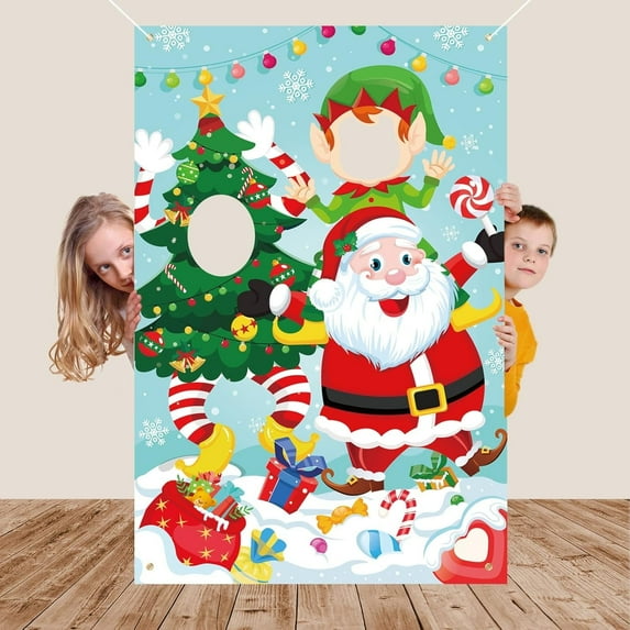 HOWAF Funny Santa Green Elf Face Photo Banner for Christmas Photo Booth Props Accessories, Face Game for Christmas Backdrop Decoration Christmas Tree Snowflake Candy Cane Accessories, 59x39inch