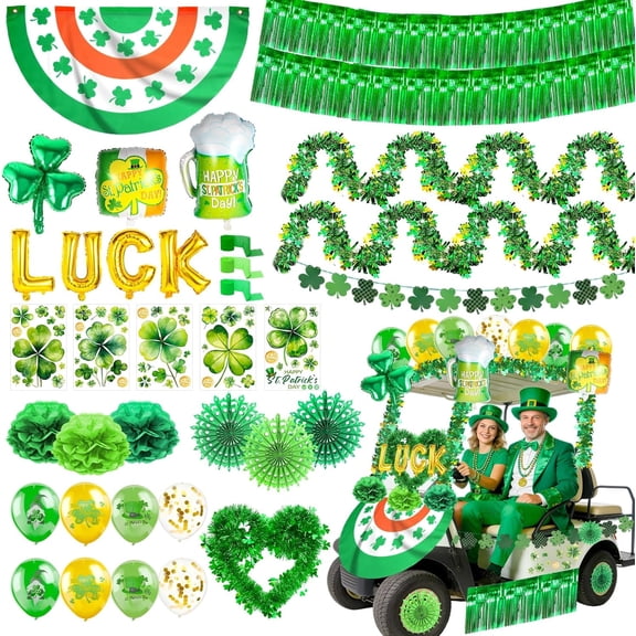 HOWAF St. Patrick's Day Car Decoration Kit, St. Patrick's Day Party Bicycle Decoration Bulk- Flags Balloons Car Stickers Foil Curtain Tinsel Garlands Paper Fans
