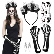 VETPW Halloween Day of the Dead Headband Skeleton Flower Crown, Halloween Face Tattoos Halloween Mouth Tattoo Sticker, Skeleton Gloves, Skeleton Earrings for Day of the Dead Costume Halloween Costume