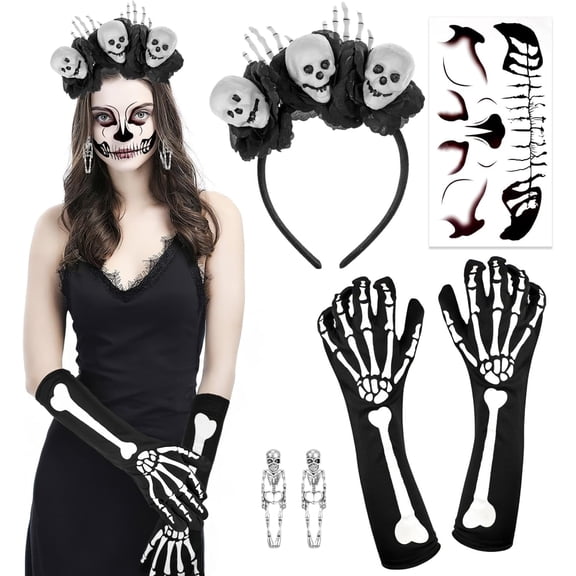 VETPW Halloween Day of the Dead Headband Skeleton Flower Crown, Halloween Face Tattoos Halloween Mouth Tattoo Sticker, Skeleton Gloves, Skeleton Earrings for Day of the Dead Costume Halloween Costume