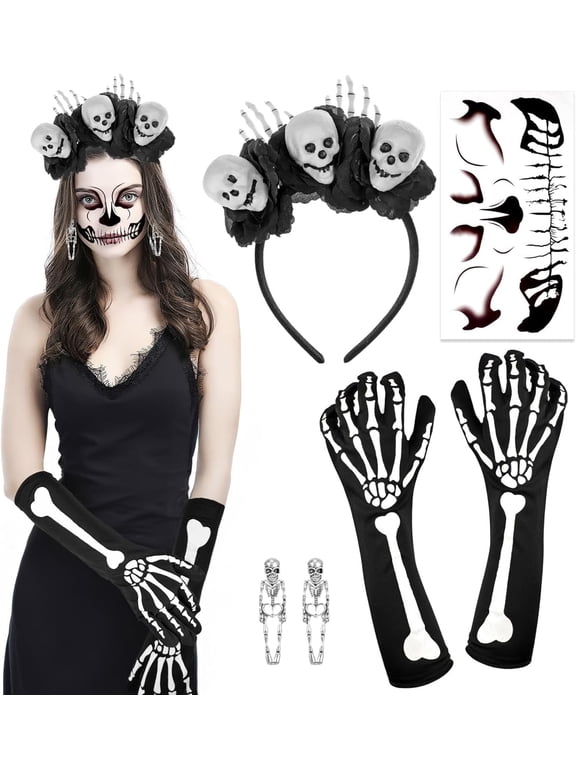 Halloween Day of the Dead Headband Skeleton Flower Crown, Halloween Face Tattoos Halloween Mouth Tattoo Sticker, Skeleton Gloves, Skeleton Earrings for Day of the Dead Costume Halloween Costume
