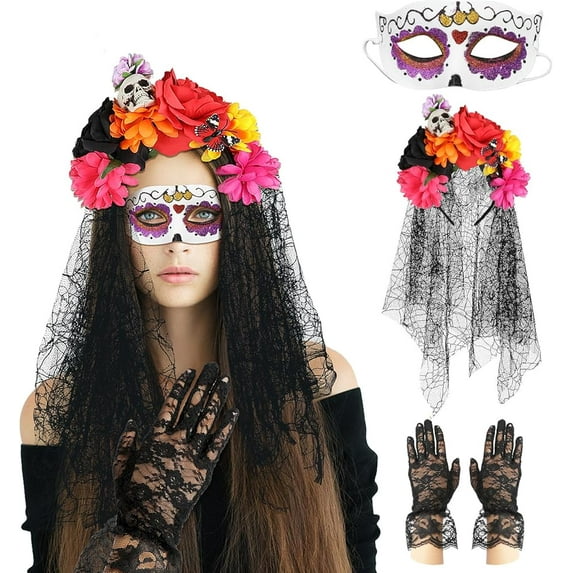 HOWAF Halloween Day of the Dead Headband Veil Rose Floral Crown Mexican Rose Flower Veil Headband Headband Halloween Mask Sugar Skull Lace Gloves Gothic Costume for Dia De Los Muertos Costume Women