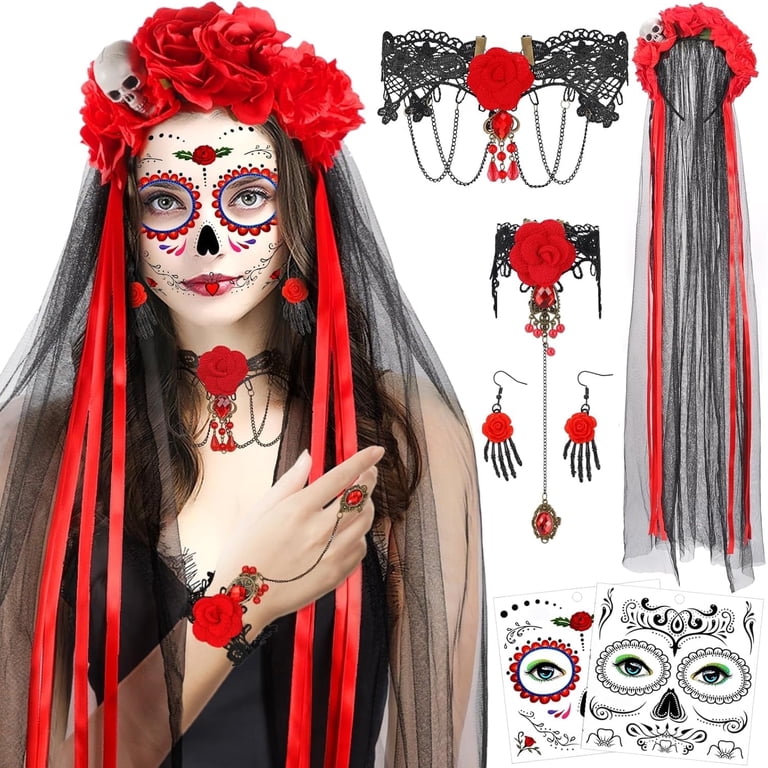 HOWAF Halloween Day of the Dead Headband Veil Rose Floral 