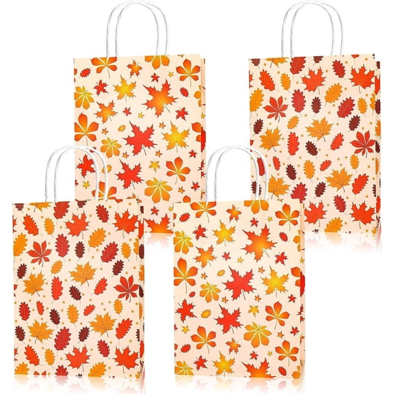 VETPW Happy 12pcs Fall Theme Gift Bags, Orange Maple Leaf Treat Bags Thanksgiving Party Friendsgiving Party Supplies, Autumn Holiday Wedding Birthday Party Favors Candy Bags Goodie Bags