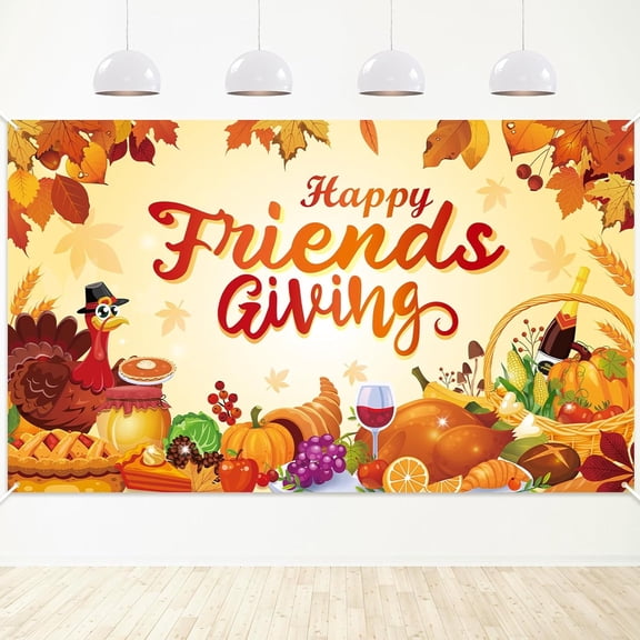 VETPW Happy Friendsgiving Backdrop Banner, Large Fabric Happy Friendsgiving Decorations Party Banner, Friends Giving Turkey Pumpkin Background Banner for Fall Thanksgiving Give Thanks Photo Supplies